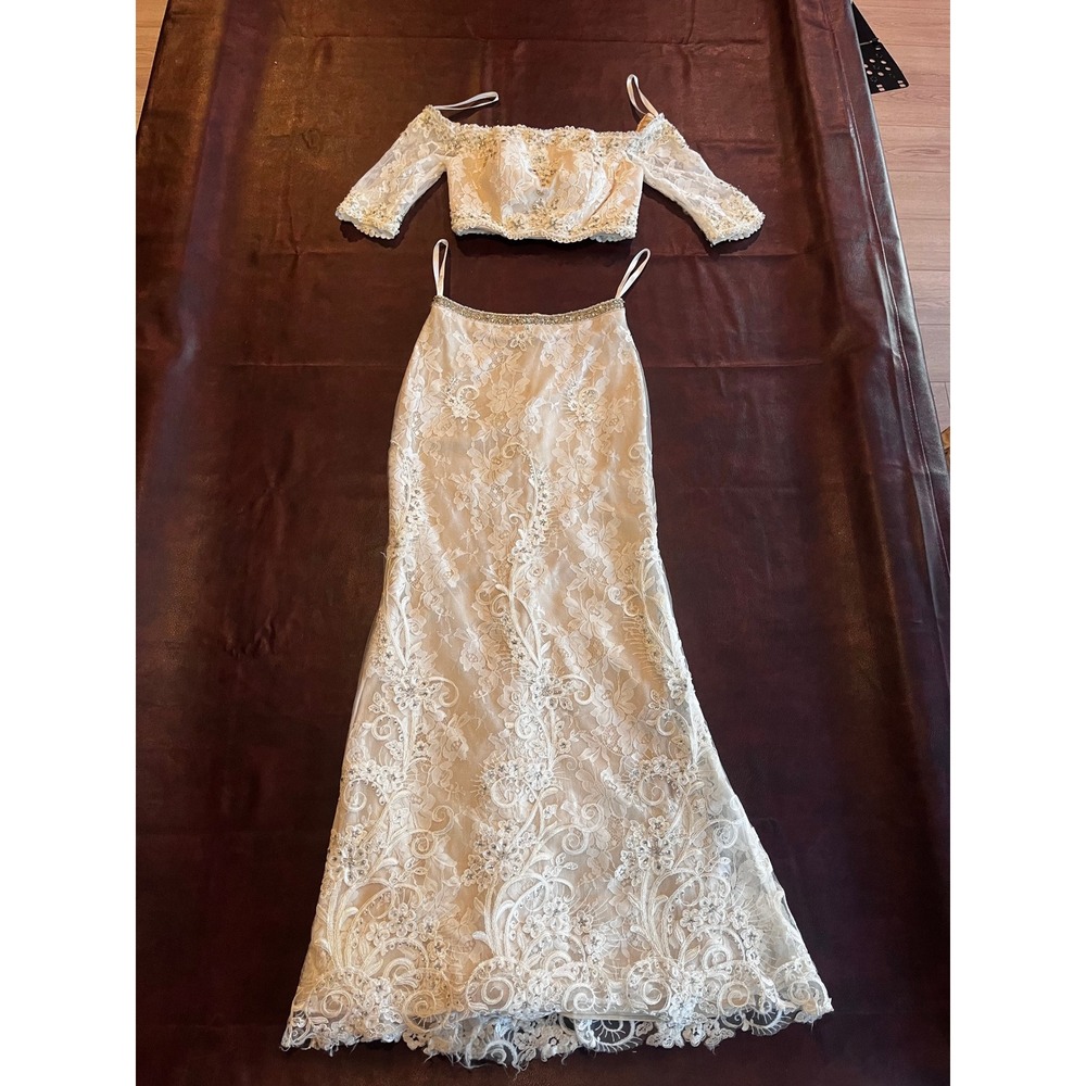 JVN by Jovani Lace Two Piece Prom Dress Set White Nude Rhinestone Beaded Size 6